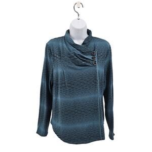 Habitat Teal Black Striped Button Cowl Neck Stretch Top Womens Small Long Sleeve